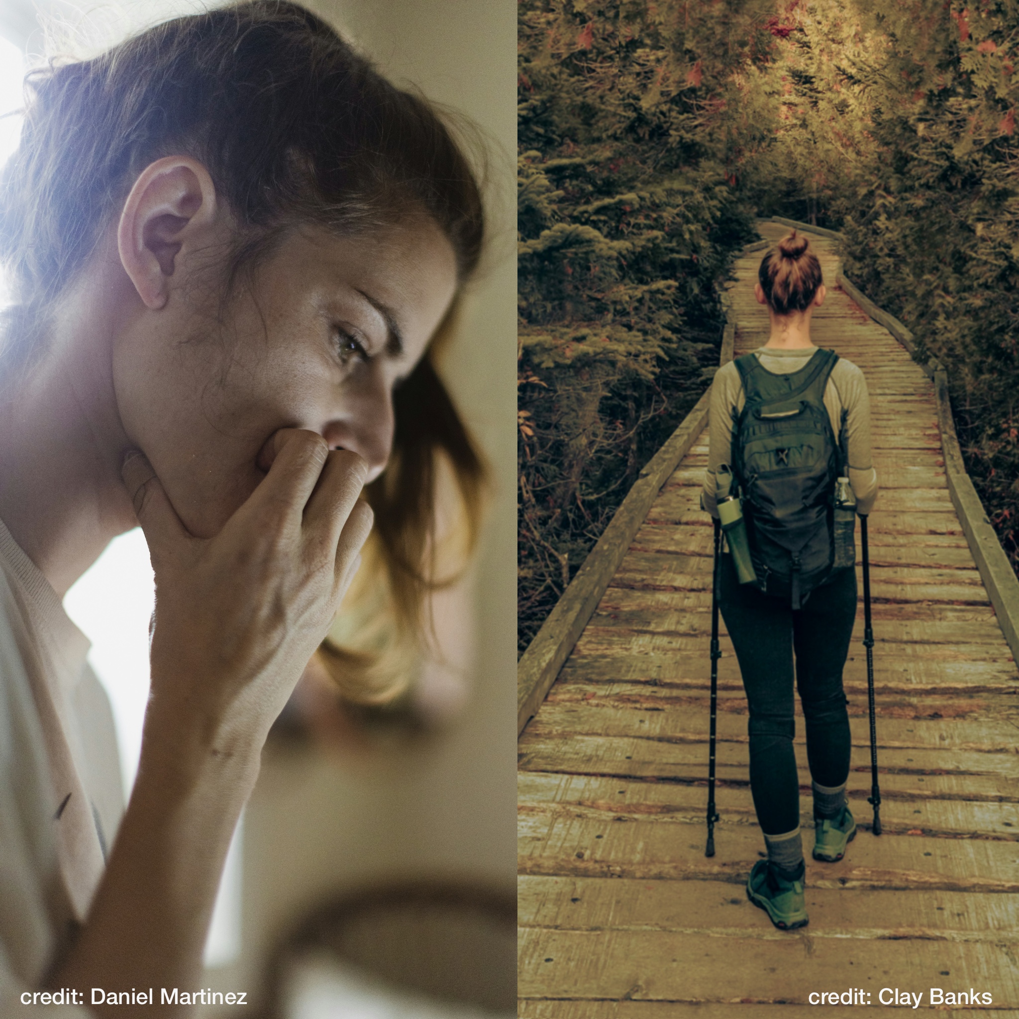 A two-panel composite image. On the left, a woman sits indoors in shadow, leaning on her hand in deep thought. On the right, the same woman walks outdoors across a wooden footbridge in a park, dressed in casual autumn clothes.